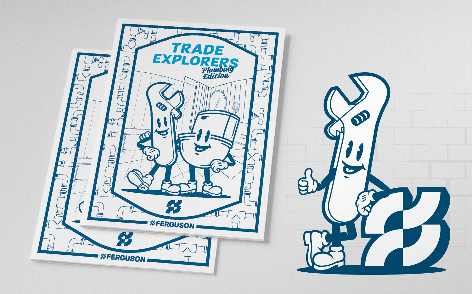 Graphic design of Ferguson Trade Explorers Plumbing Edition activity book cover, featuring illustrated wrench character, by Zach Hallum | zthdesign.com Portfolio