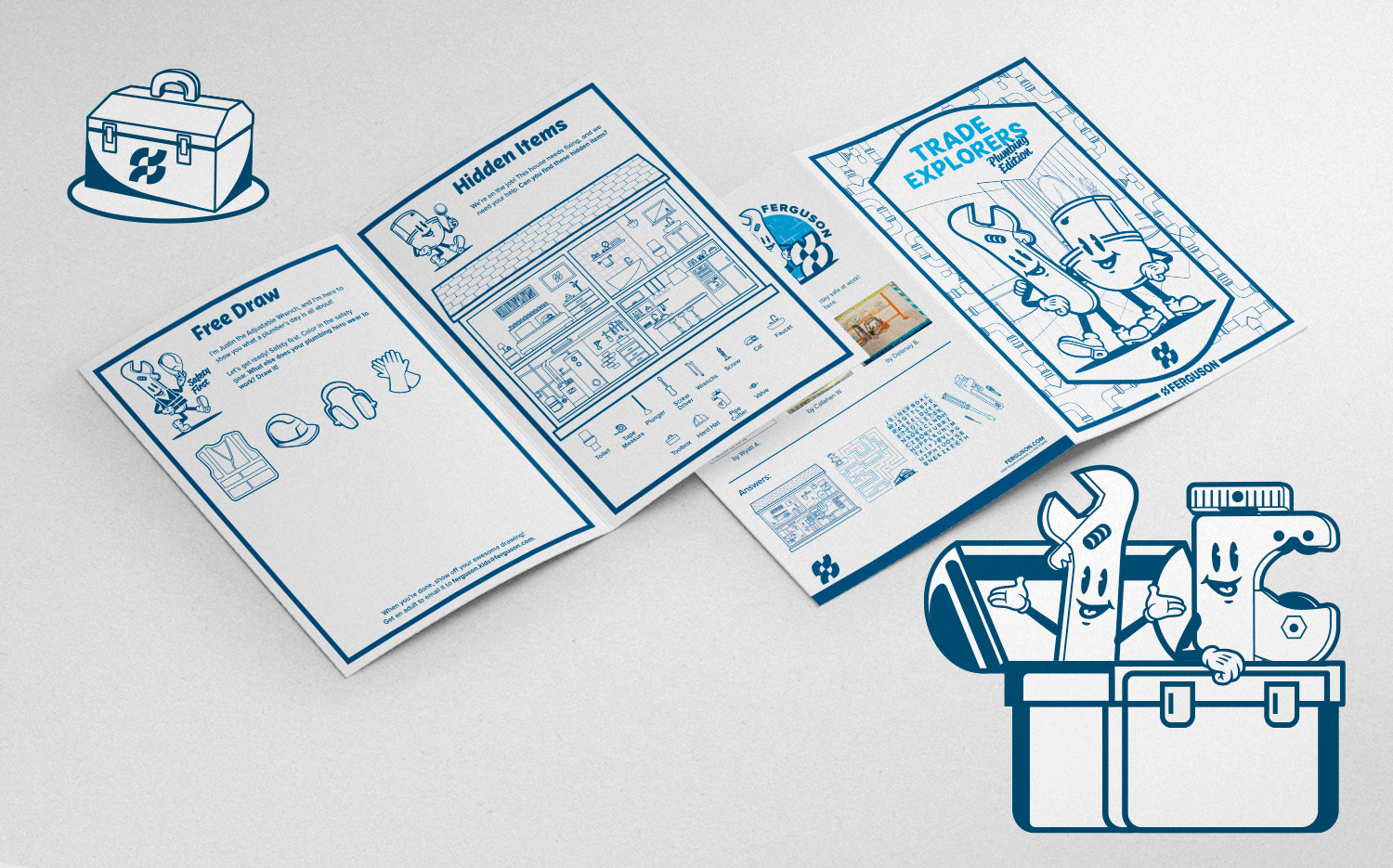 Graphic design of Ferguson Trade Explorers Plumbing Edition activity book cover, featuring illustrated wrench character, by Zach Hallum | zthdesign.com Portfolio