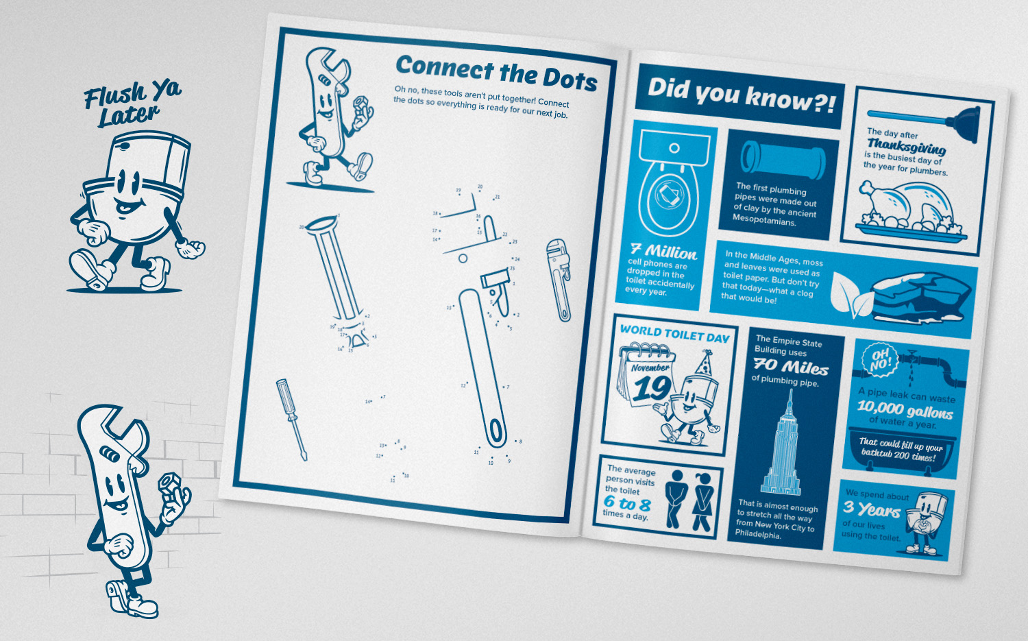 Graphic design of Ferguson Trade Explorers Plumbing Edition activity book cover, featuring illustrated wrench character, by Zach Hallum | zthdesign.com Portfolio