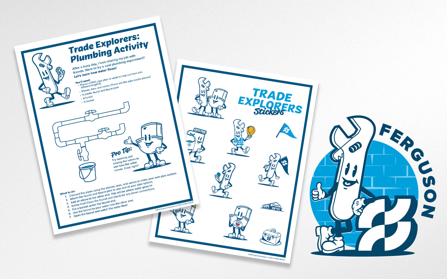 Graphic design of Ferguson Trade Explorers Plumbing Edition activity book cover, featuring illustrated wrench character, by Zach Hallum | zthdesign.com Portfolio