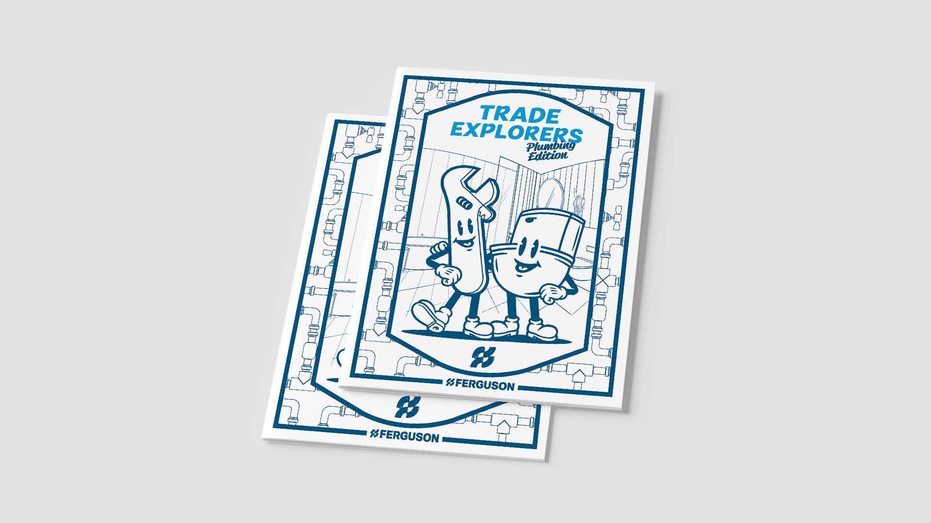 Ferg-Trade-Exp-3peat Grid-01 Interior pages of Ferguson Trade Explorers activity book showing maze, word search, and stickers designed by Zach Hallum.