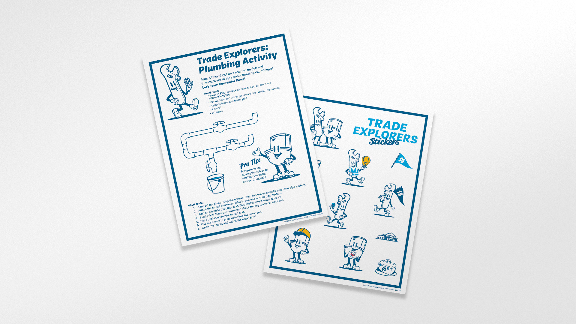 Ferg-Trade-Exp-3peat Grid-03 Graphic design of Ferguson Trade Explorers Plumbing Edition activity book cover, featuring illustrated wrench character, by Zach Hallum | zthdesign.com Portfolio